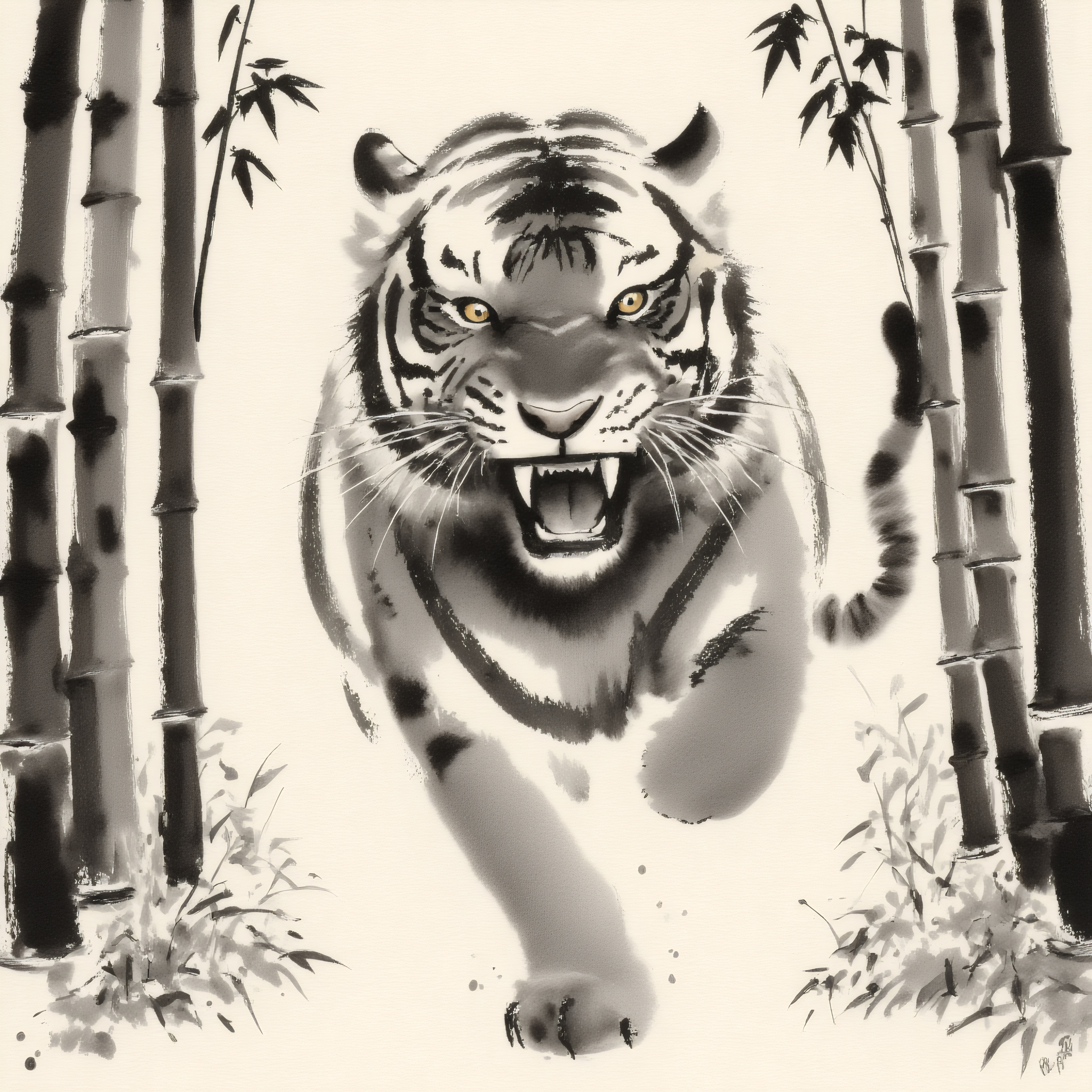 zydInk, a tiger walking between bamboos, open mouth, dynamic pose, yellow eyes