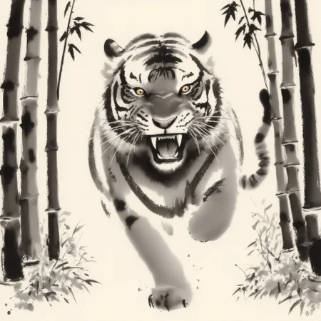 zydInk, a tiger walking between bamboos, open mouth, dynamic pose, yellow eyes
