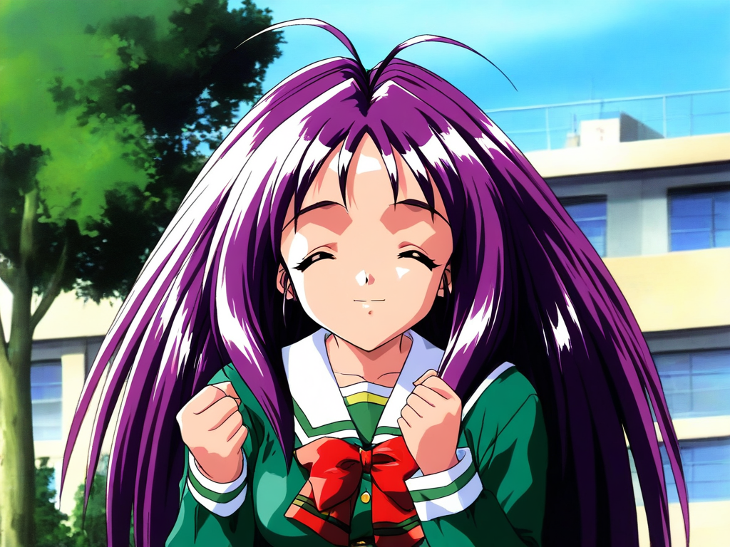 general,highres, ultra-detailed,very aesthetic,best quality ,best hands, BREAK <lora:Kotobuki_Miyuki_Tokimeki_Memorial2_IS:1>
Kotobuki_Miyuki(Tokimeki_Memorial2), 1girl, solo, bangs, purple hair, long hair, closed eyes, antenna hair, breasts, 
green shirt, 
looking at viewer, shirt, 1990s (style), outdoors, serafuku, upper body, day, clenched hands, sailor collar, closed mouth, building, ribbon, fake screenshot, tree, parody, school
School, outdoor, sky,