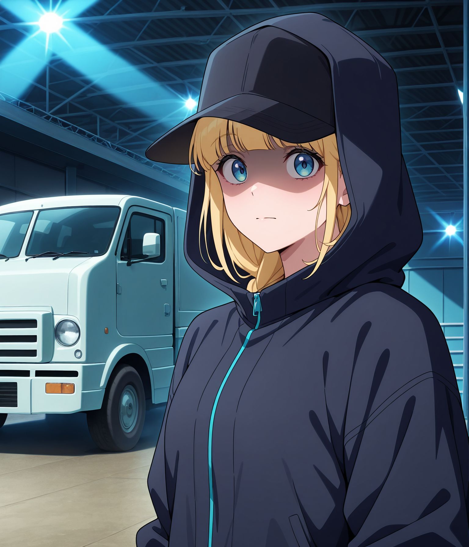 masterpiece,best quality,amazing quality,very aesthetic,absurdres,newest, huge filesize, 
<lora:spo_sdxl_10ep_4k-data_lora_webui:0.5>,anime screenshot, 2d anime,anime coloring, 
<lora:add-detail-xl:1>  
1girl, 1boy, standing,  stage, Concert Container Truck,
<lora:Paripi_Koumei_V1:0.8> 
Paripi_KoumeiV1,
1girl,solo,
hood,blonde hair,
hat,closed mouth,
upper body,
looking at viewer,
hood up,shaded face,
black headwear,jacket,
baseball cap,blue eyes,
bangs,black jacket,hooded jacket,
p_eiko_black,