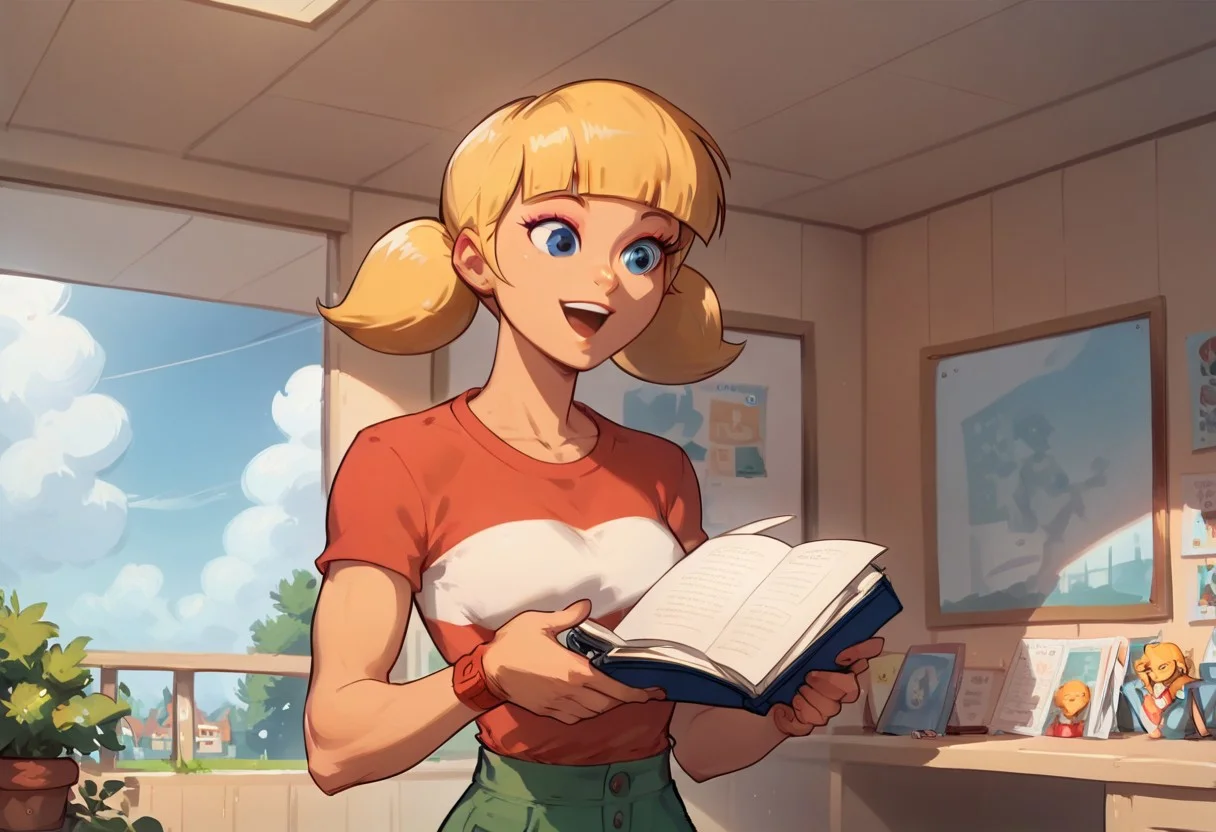 score_9, score_8_up, score_7_up, portrait, sherrysketch, penny_ig, 1girl, solo, eighteen years old, (adult body:1.1), blonde hair, twintails, blue eyes, athletic body, thin waist, narrow hips, makeup, casual clothes, happy, inside a university campus scenery, studying.