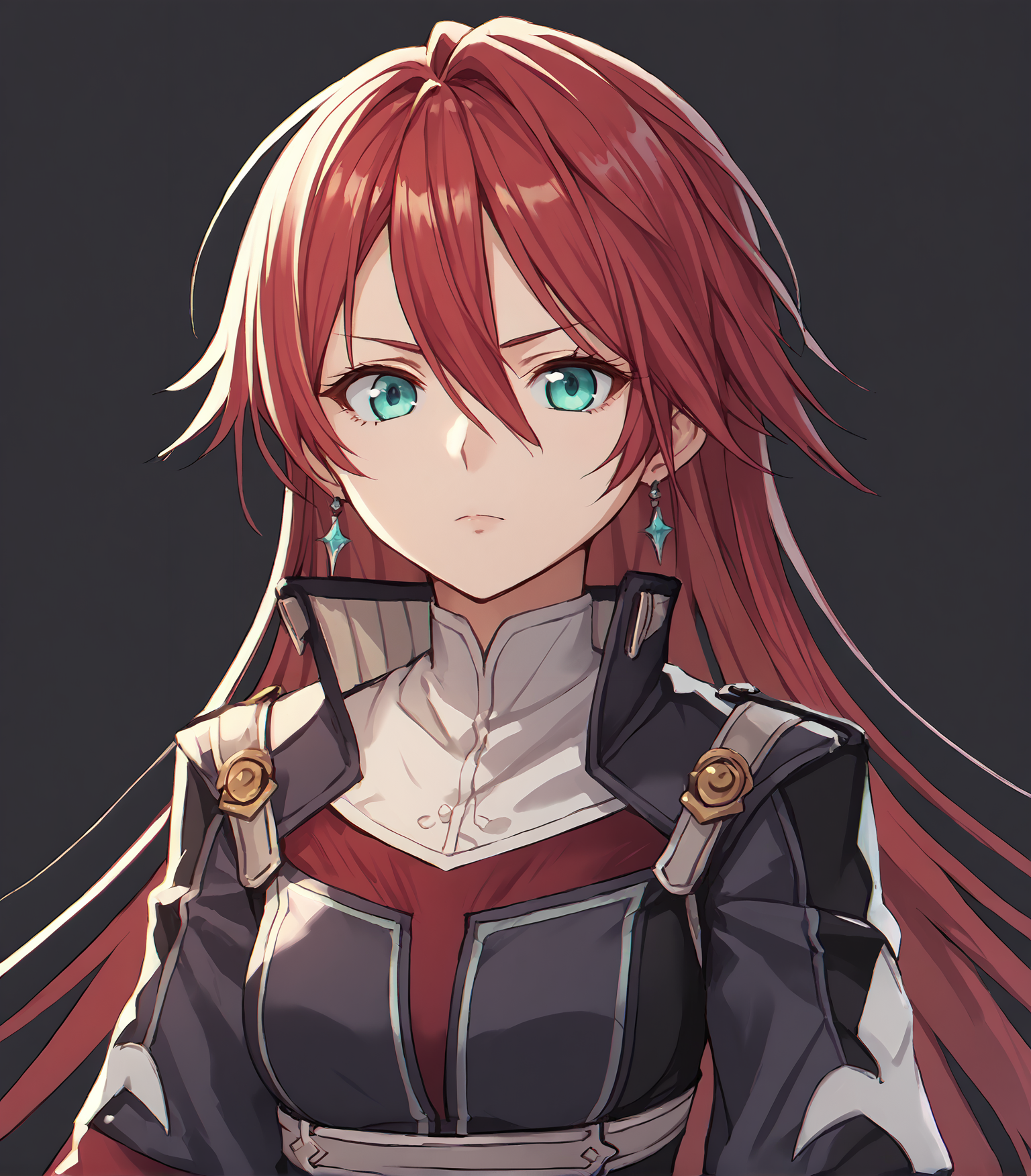 score_9, score_8_up, score_7_up, score_6_up, score_5_up, score_4_up, BREAK source_anime,
1girl, solo, <lora:CelisOrtesia:1>, Celis Ortesia, red hair, long hair, hair between eyes, aqua eyes, medium breasts, silver earrings, armored dress, long skirt, belt, black pantyhose, black boots, laced footwear, fingerless gloves,
upper body, portrait, looking at viewer, simple background, black background,
<lora:rhasta:0.6>, <lora:piromizu_2:0.6> ,