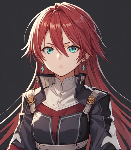 score_9, score_8_up, score_7_up, score_6_up, score_5_up, score_4_up, BREAK source_anime,
1girl, solo, <lora:CelisOrtesia:1>, Celis Ortesia, red hair, long hair, hair between eyes, aqua eyes, medium breasts, silver earrings, armored dress, long skirt, belt, black pantyhose, black boots, laced footwear, fingerless gloves,
upper body, portrait, looking at viewer, simple background, black background,
<lora:rhasta:0.6>, <lora:piromizu_2:0.6> ,