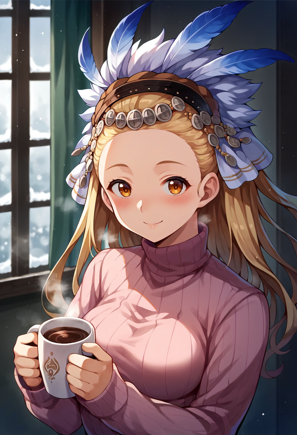 score_9, score_7_up, hd, (ultra hd quality details), source_anime, indoors, winter,
solo, 1girl, gbfpetra, feathers, headdress, hair ornament, medium breasts,
turtleneck sweater, pink sweater,  
looking at viewer, smile, blush,
upper body, holding cup, coffee mug, steam, 
<lora:_petra_gbf-elesico-ponyv1:0.9>
