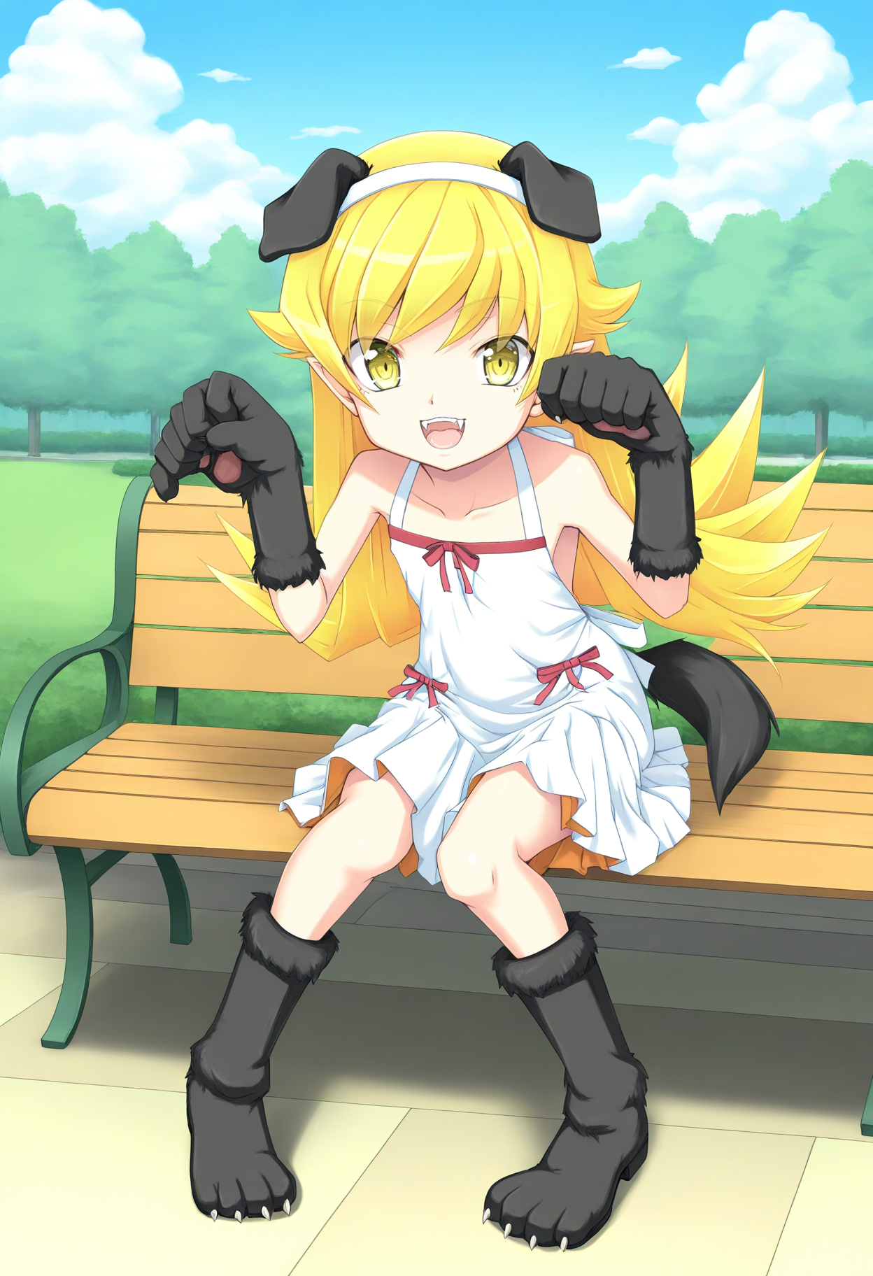 1girl, solo, looking at viewer, park bench, outdoors, smile, full body, oshino shinobu, open mouth, long blonde hair,
dress, bare shoulders, yellow eyes, fang, 
BREAK outdoors, park bench, sky, day, cloud, <lora:shinobu_shiraha_kouki_IL:1>shiraha_kouki
tail, fangs, dog ears, kemonomimi mode, animal hands, dog tail, paw pose, animal boots,