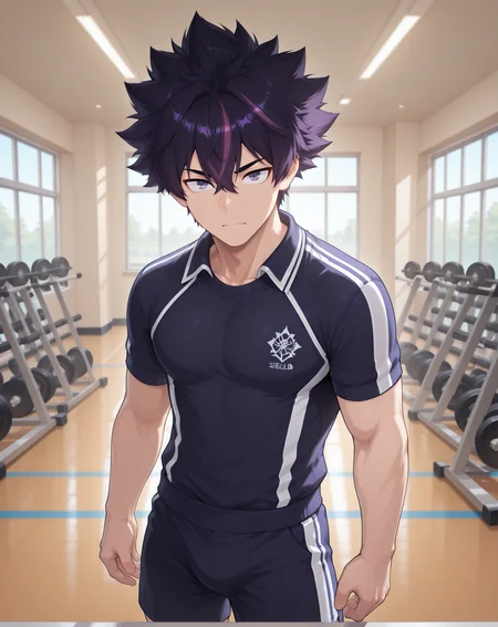 masterpiece,best quality,amazing quality, newest, very aesthetic, absurdres,
1boy, solo, yaoi, male focus, looking at viewer, cowboy shot, standing,
<lora:Sieghart_Old_Limit_Break_ilxl:1> siegolb, spiked hair, black hair, greyeyes, short hair, purple hair, multicolored hair, hair between eyes,
gym uniform, gym shorts, gym shirt,
indoors, gym,