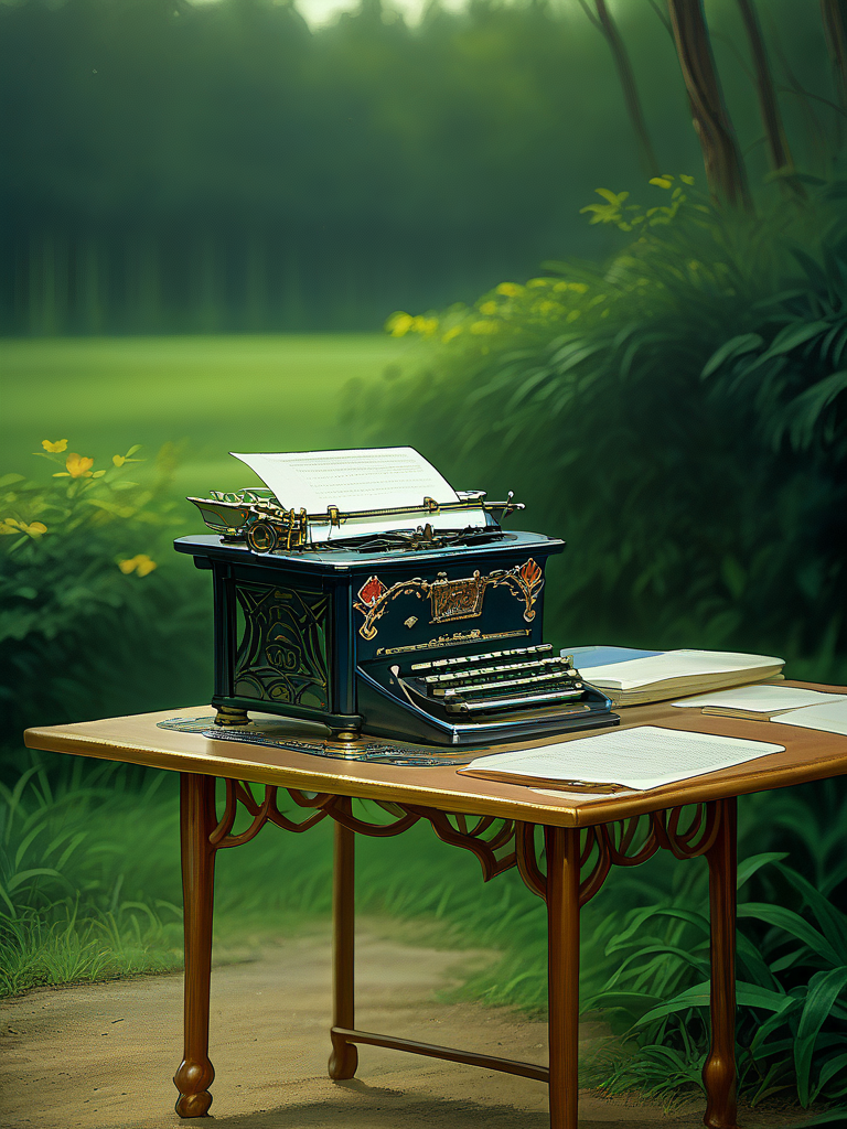 score_9, score_8_up, score_7_up, source_anime, masterpiece,best quality, highres, absurdres, official art, official style,  dynamic shading, dynamic coloring, extremely detailed, BREAK

beautiful scenery, nature, table, typewriter