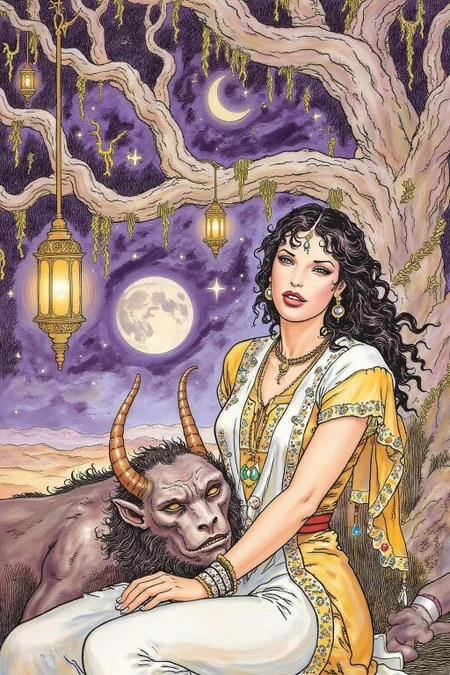 itacomic1 illustration of a scene from Arabian Nights, rendered in intricate, colorful detail. A beautiful woman and a sleeping demon. The woman sits gracefully under a sprawling tree with lush, curving branches and hanging vines. She has striking, almond-shaped eyes, dark flowing hair, and wears elegant traditional attire with ornate jewelry that glimmers softly under the moonlight. Her expression is calm and serene as she gazes thoughtfully into the distance. Resting his head gently on her lap is a large demon with a powerful, otherworldly presence. The demon, though fearsome in size, appears vulnerable as he lies beside her. His skin has a muted, earthy tone, and his features--sharp and beastly--are softened by a look of weary contentment. His claws are retracted, and he exudes a mixture of strength and peace in her presence. The tree's twisted branches arc above them, framing the scene like a natural canopy. Golden lamps hang from the tree, casting warm, soft light, illuminating the two figures in a magical glow. The background is a deep, starry night, with hints of distant desert dunes and a crescent moon overhead, creating an enchanting and mystical ambiance that draws the viewer into this world of fantasy and myth. <lora:itacomic_mima6_nocap_d6a3e11:1.0><lora:806428892345825845:0>