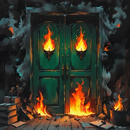 <lora:flame silhouette:1>, <lora:flame:1>, flame,
burning office green door,
graphic style of novel comics, perfect hands, 2d,
8k, hyperrealism, masterpiece, high resolution, best quality, ultra-detailed, super realistic, Hyperrealistic art, high-quality, ultra high res, highest detailed, lot of details, Extremely high-resolution details, incredibly lifelike, colourful, soft cinematic light,