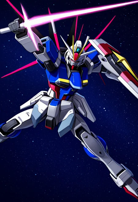 score_9, score_8_up, score_7_up, score_6_up, score_5_up, score_4_up, 4k quality, best quality, masterpiece, highly detailed, solo, (force impulse, gundam, mecha, beam saber, shield), floating in space, action posing