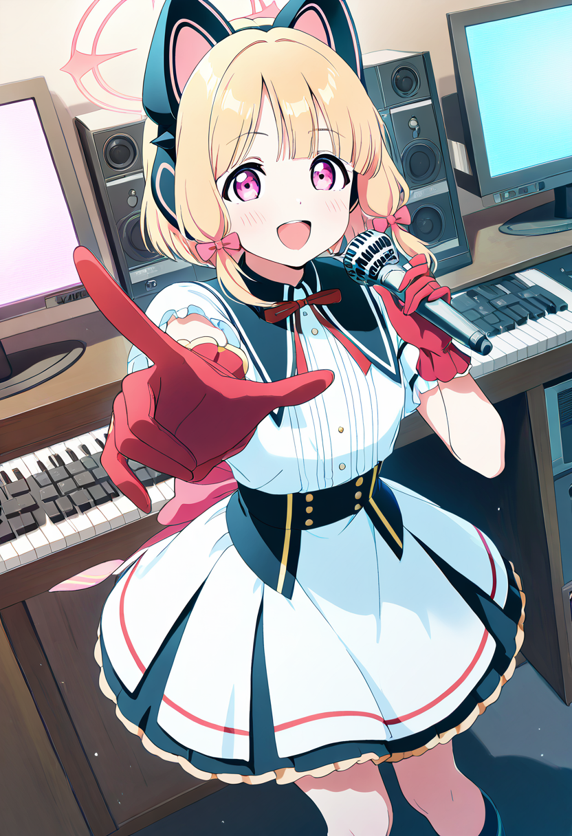 masterpiece, best quality, solo, curvy, beautiful eyes, narrow waist, wide hips, 1girl, solo, smile, looking at viewer, dynamic angle, foreshortening, close up,     zzMomoi, blonde hair, animal ears, fake animal ears, animal ear headphones, headphones, short hair, bow, halo, cat ear headphones, hair bow, red bow, pink eyes, pink halo,  ,<lora:MomoiBlueArchiveIXL:0.8>,[Retro Idol Icon], <lora:LoveLiveSchoolIdolFestivalAllStarsNAI:0.5>, vintage polka-dotted mini dress with a cinched waist, red satin gloves, retro styled curls with a flower clip, sparkling black flats, holding a vintage microphone, standing in front of an old-school television set with a black-and-white film background,
