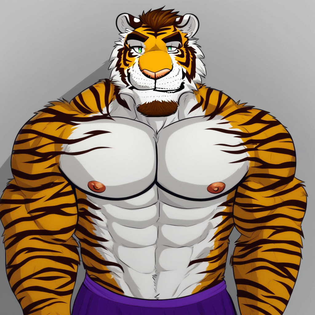 Muscular male, furry, fully dressed, tiger