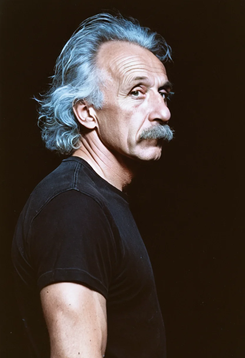 Albert Einstein wearing a ratty t-shirt, looking at the camera, skin texture, realistic skin texture, (skin pores:0.8), (skin oils:0.6), black background