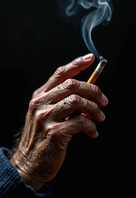 A high-resolution photograph captures the deeply textured and weathered hand of a 100-year-old man, gracefully holding a cigarette. The hand, adorned with pronounced veins and age spots, exudes a sense of history and character. The skin is thin and slightly translucent, revealing the underlying structure and years of wear.
The hand is relaxed, with fingers naturally curved, except for the two fingers holding the cigarette—index and middle—deftly maintaining a gentle grip. The cigarette itself is slightly worn, with a long, delicate ash extending from the tip, suggesting it has been idle for an extended period. Wisps of smoke curl gracefully upward from the lit end, creating a soft, ethereal contrast against the dark background.
The dark background serves to highlight the hand and cigarette, casting subtle shadows that emphasize the hand's intricate details and texture. The lighting is soft and focused, illuminating the hand and cigarette while leaving the surrounding area in gentle darkness, adding to the image's contemplative and serene atmosphere.
The overall composition captures a moment of quiet introspection, with the aged hand and idle cigarette telling a story of time, experience, and perhaps a lifetime of habits and memories. The delicate smoke and long ash add to the sense of stillness and patience, making the image both poignant and visually striking.