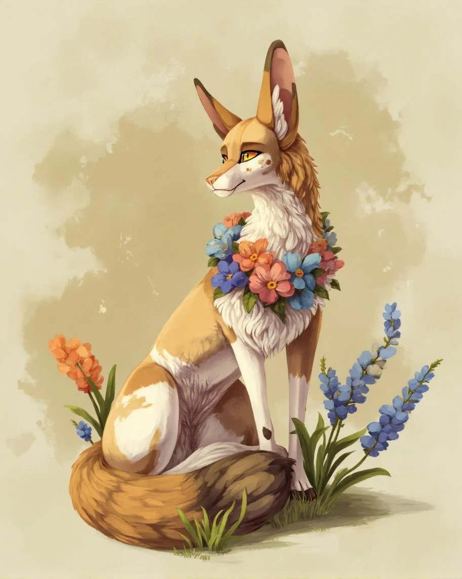 <lora:ck-LttleGhost-000011.safetensors:1> in the style of ck-lttlegh0stThis captivating figurine features an intricately painted fox with a vibrant white snout, adorned with a garland of colorful flowers. The soft background sets off the intricate details of the painting, which incorporates earthy tones and bursts of bright color to bring the subject to life.