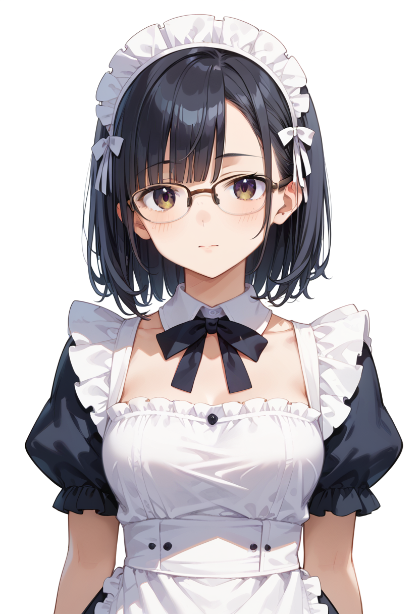 score_9, score_8_up, score_7_up, rating_safe, masterpiece, best quality, absurdres, unity 8k wallpaper, official art, official style, source_anime, uncensored, game cg, megami magazine,
1girl, solo, black hair, medium hair, upper body, covered eyes,maid, maid headdress, black dress, maid apron, face focus,
halfrim22A,  still life, white background, simple background, brown-framed eyewear,
 <lora:glasses_halfrim22A_PONY_V1:1>