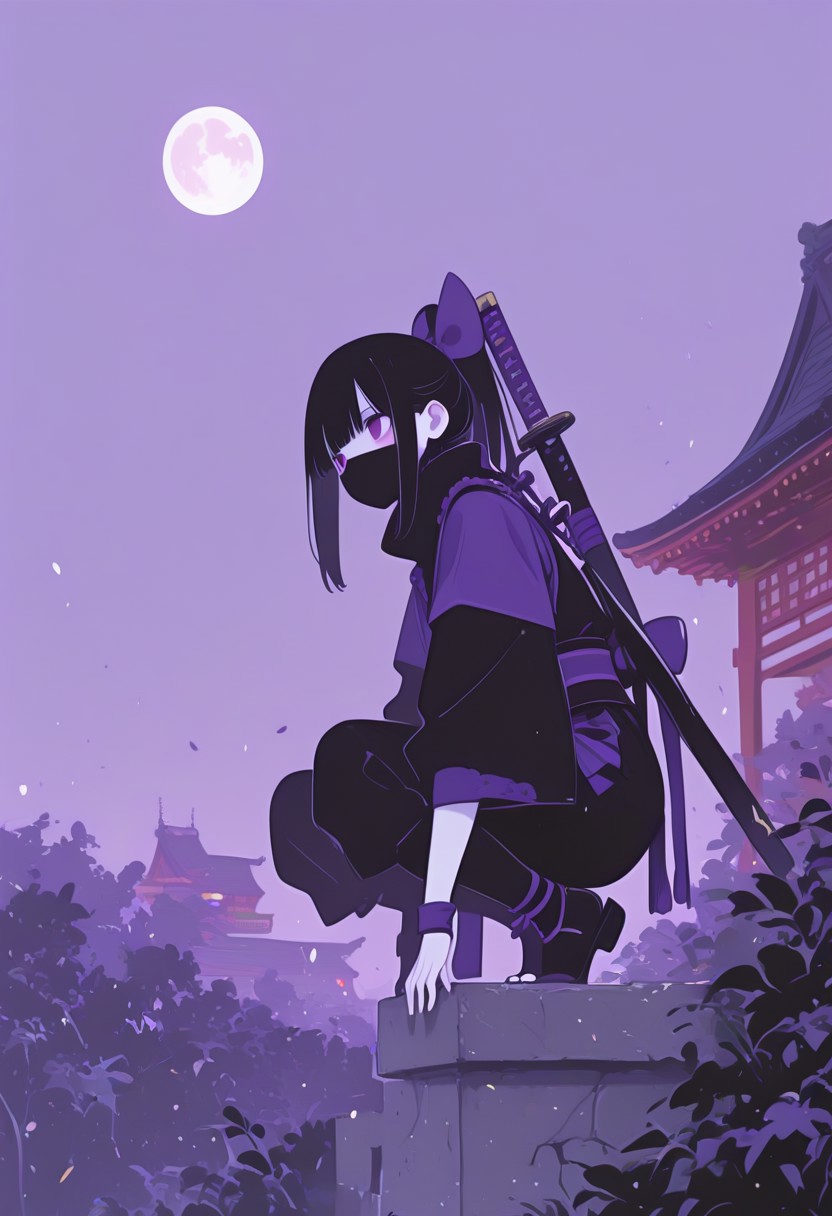 masterpiece, best quality, newest, absurdres, highres, traditional media, 1girl, solo, Image is a close up digital fantasy artwork featuring female ninja character squatting ninja pose high on a japanese castle wall. She has pale skin with black hair. She's wearing a ninja outfit with a ninja mask and katana on her back. In her hands is a bow. The background is of a japanese castle, full moon, laterns, japanese garden.
 <lora:murata_ill_v2:1>