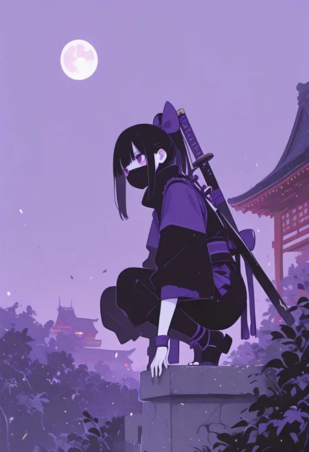 masterpiece, best quality, newest, absurdres, highres, traditional media, 1girl, solo, Image is a close up digital fantasy artwork featuring female ninja character squatting ninja pose high on a japanese castle wall. She has pale skin with black hair. She's wearing a ninja outfit with a ninja mask and katana on her back. In her hands is a bow. The background is of a japanese castle, full moon, laterns, japanese garden.
 <lora:murata_ill_v2:1>