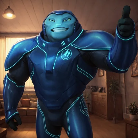 safe_pos, Score_9, score_8, score_7, score_6_up, uncensored, (v-vex-alien, solo, male, 1boy, alien, blue skin, multiple eyes, three fingers, glowing accents, broad shoulders, bodysuit, armor, helmet, neon trim) thumbs up, interior background, living room, smiling, arms up, friendly,
