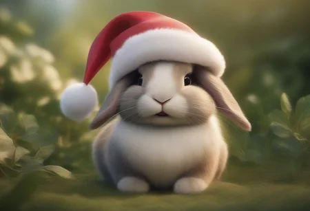 A happy cute, bunny, (wearing a Christmas hat), Adorable, heart warming, cheerful, detailed, bright colours, friendly expression, small size, shiny, eco-friendly, garden, environmental, sunlight, shadows, digital art, whimsical, playful, intricate details, high resolution, photorealistic, joyful atmosphere, gentle, soft lighting, cartoonish style, enchanting, vivid, appealing, character design, imaginative, family-friendly, [photography, realistic, photorealistic, (8k), (highly detailed), cinematic lighting, intricate details, (high resolution), award-winning,   correct focus, realistic, realistic lighting, (highly detailed),  masterpiece], ((Cinematic Still-Shot))