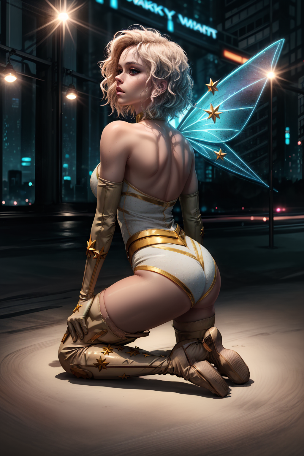 starlight, starlight outfit, jewelry,  thigh boots,gloves <lora:starlight-06:1> <lora:GoodHands-vanilla:1>Kneeling on the ground with hands on thighs., Backlighting with fairy lights for a dreamy effect (Fairy Lights Backlight)., Cyberpunk, Whimsical Photography