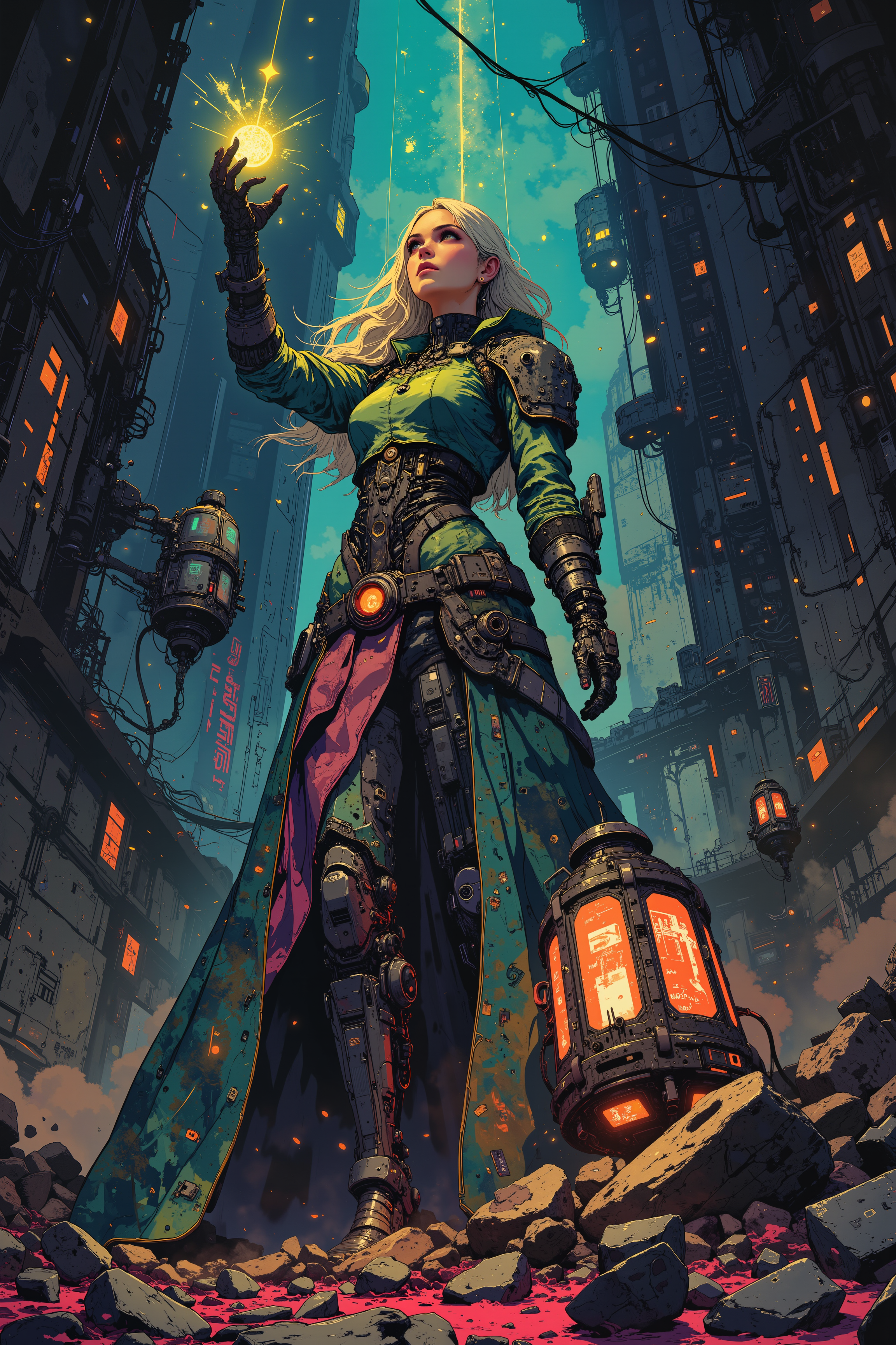 A salvage sorceress channels power through the remains of a fallen orbital defense laser. Her dress is made from metamaterial fabric that ripples with captured starlight. The massive laser cannon has become a spire of crystal and metal, still humming with residual energy. Her floating grimoire is made from old hard drives and holographic displays, while her magical sigils combine ancient runes with computer code. Fantastic lighting. Detailed shadows.intricate details, vivid colors, hyper-detailed, ultra-sharp,, ,in the style of cksc,anime, cyberpunk, DB4RZ, DB4RZ style painting <lora:CPA:0.5><lora:FLUX-daubrez-DB4RZ:0.3><lora:Luminous_Shadowscape-000016:0.3><lora:ck-shadow-circuit-000021:0.35>