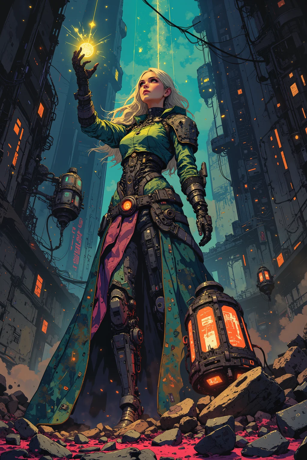 A salvage sorceress channels power through the remains of a fallen orbital defense laser. Her dress is made from metamaterial fabric that ripples with captured starlight. The massive laser cannon has become a spire of crystal and metal, still humming with residual energy. Her floating grimoire is made from old hard drives and holographic displays, while her magical sigils combine ancient runes with computer code. Fantastic lighting. Detailed shadows.intricate details, vivid colors, hyper-detailed, ultra-sharp,, ,in the style of cksc,anime, cyberpunk, DB4RZ, DB4RZ style painting <lora:CPA:0.5><lora:FLUX-daubrez-DB4RZ:0.3><lora:Luminous_Shadowscape-000016:0.3><lora:ck-shadow-circuit-000021:0.35>