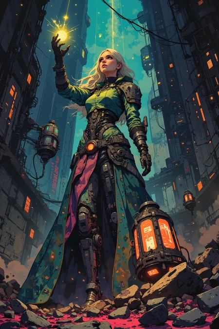 A salvage sorceress channels power through the remains of a fallen orbital defense laser. Her dress is made from metamaterial fabric that ripples with captured starlight. The massive laser cannon has become a spire of crystal and metal, still humming with residual energy. Her floating grimoire is made from old hard drives and holographic displays, while her magical sigils combine ancient runes with computer code. Fantastic lighting. Detailed shadows.intricate details, vivid colors, hyper-detailed, ultra-sharp,, ,in the style of cksc,anime, cyberpunk, DB4RZ, DB4RZ style painting <lora:CPA:0.5><lora:FLUX-daubrez-DB4RZ:0.3><lora:Luminous_Shadowscape-000016:0.3><lora:ck-shadow-circuit-000021:0.35>