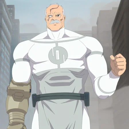 masterpiece, best quality, newest, absurdres, highres, anime, anime style, 1boy, Conquest-ISV-V1.0 old man, white hair, mustache, facial hair, scar, blind eye, single mechanical arm,