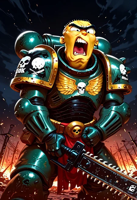 Masterpiece, best quality, 8k, newest, absurdres, highly detailed, 1boy, solo, edboi, mnbrow, black space marine armor, holding a chainsword, unibrow, frowning, yelling, holding, battlefield background, detailed background, BlackT40k,