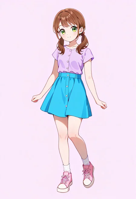 EmilySML 1girl, brown hair, brown pigtails, green eyes, purple shirt, blue skirt, pink shoes, short, solo, full body