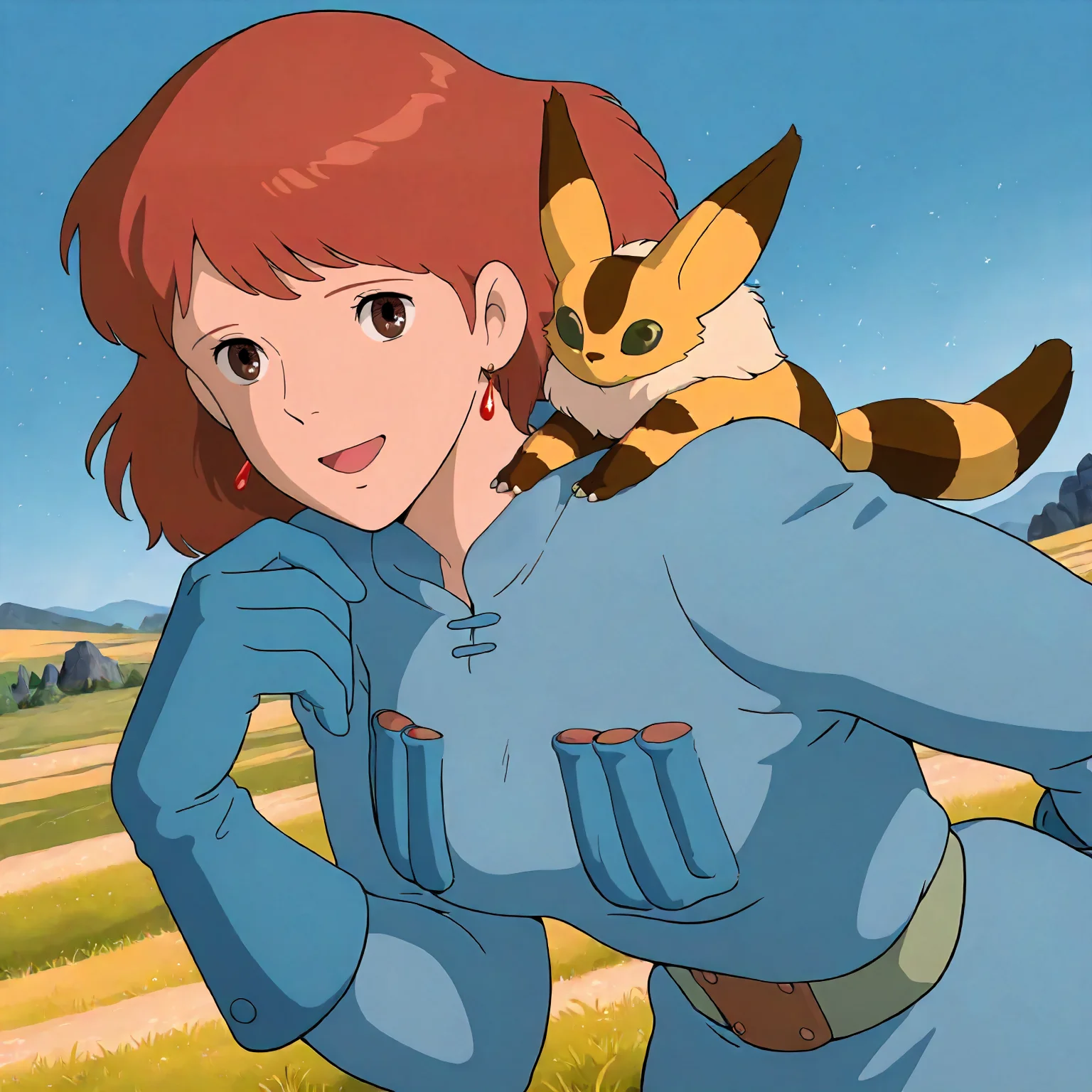 <lora:NotVotW_NausicaaXLIllustrious022:0.8>,
masterpiece,best quality,good quality,newest,
outdoors,detailed background,grassland,blue sky,glitter,
smile,open mouth,
looking at viewer,
solo,
Nausicaa,1girl,brown hair,medium hair,brown eyes,
breasts,
blue dress,blue gloves,
animal on shoulder,