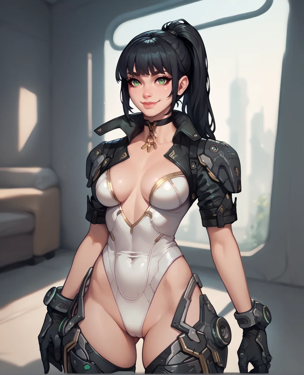 score_9,score_8_up,score_7_up,score_6_up,
bnnyxl,green eyes,black hair,bangs,ponytail,light smile,
white leotard,black cropped jacket,choker,armor,
looking at viewer, 
science fiction,
indoors,base,<lora:BunnyUltimateXL:0.9>,