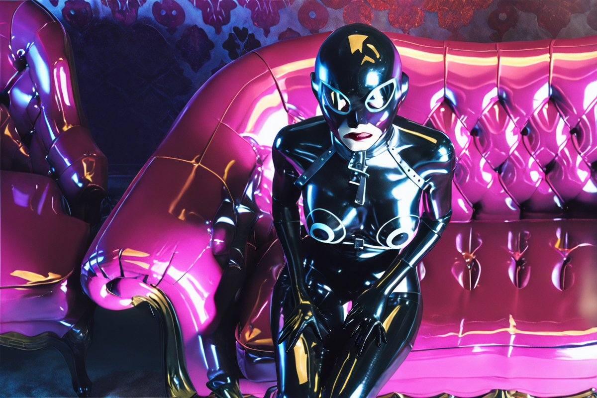 a woman in a latex outfit sitting on a pink couch by AlbertoMielgo  <lora:AlbertoMielgo_style2_SDXL:0.8>, shallow depth of field, vignette, highly detailed, high budget Hollywood movie, bokeh, cinemascope, moody, epic, gorgeous, film grain, grainy