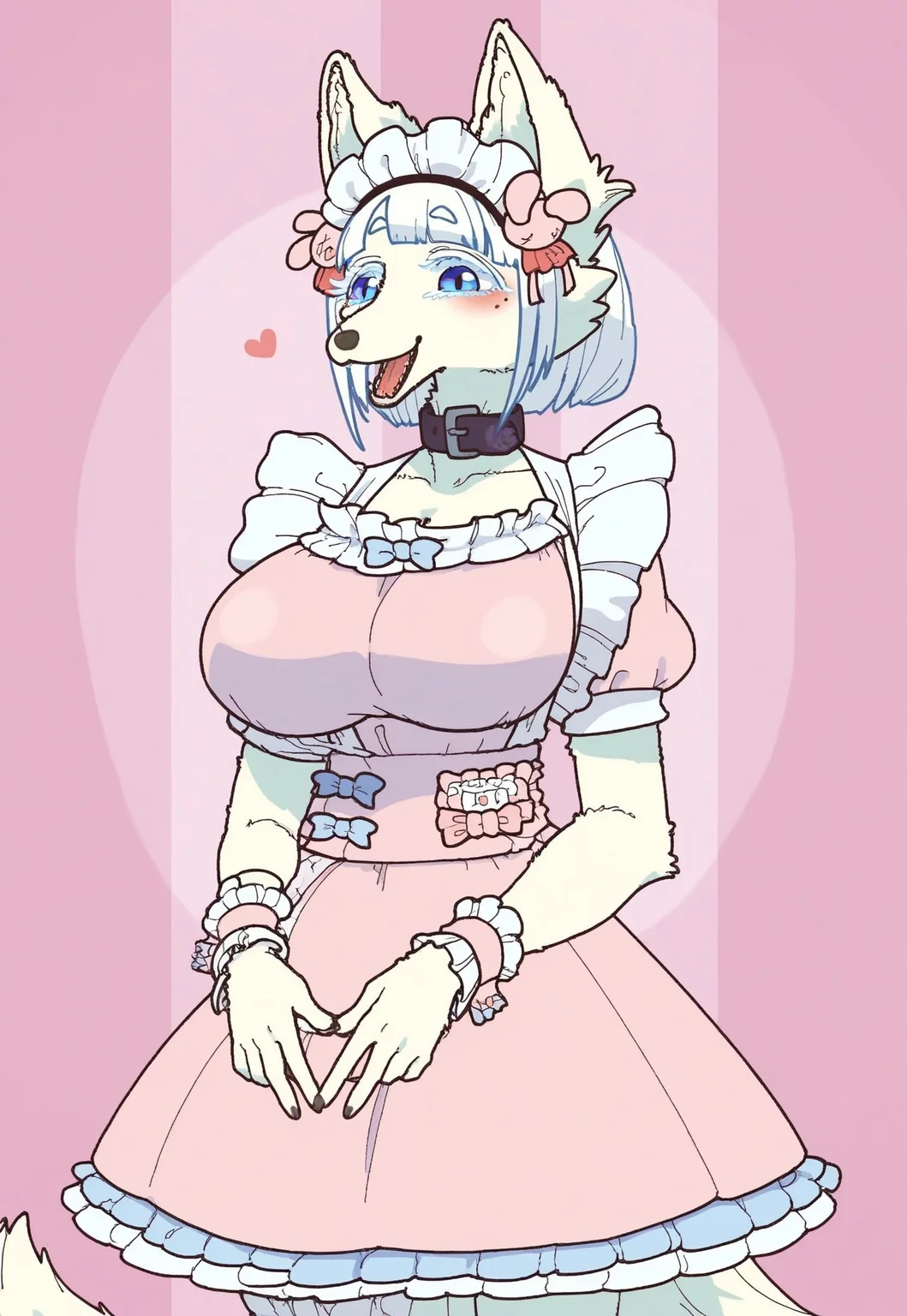 safe_pos, safe_pos, score_9, score_8_up, score_8. score_9, score_8_up, score_7_up, score_6_up, masterpiece, 4k, high quality, (best quality:1.1), ExpressiveH,
BREAK
1girl, dress, breasts, wrist cuffs, collarbone, happy, puffy sleeves, mole under eye, blue eyes, looking at viewer, facing viewer, front view, smile, fox ears, open mouth, frills, body fur, furry female, animal nose, pink dress, black glooves, hearts, heart fingers, narrow shoulders, heart fingers on chest, tail, white hair, blue hair, blunt bangs, furry, animal ears, huge breasts, standing, hip tilt, (from chest up), bouncing breasts, pink background, portait, cute, blushing