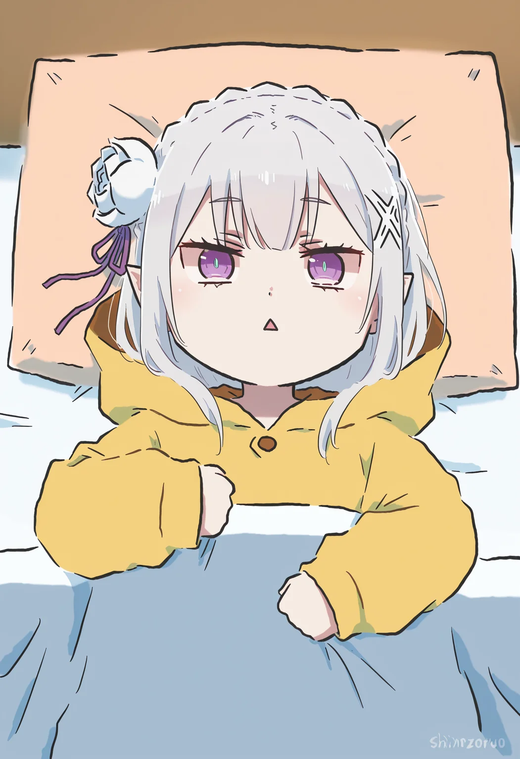 masterpiece,best quality,high resolution,source_anime,highly detailed illustration,
seductive, detailed eyes, very aesthetic,absurdres,newest, amazing quality,
detailed eyes, absurdres,newest, amazing quality,
<lora:shiXinzoroV1ill:1.0>, shixinzoruo,  chibi,
1girl, solo,
<lora:shiEmiliaV12ill:0.9>,  shimilia, long hair, grey hair, purple eyes, pointy ears, crown braid, hair flower, hair ribbon, purple ribbon, x hair ornament,
looking at viewer, tired, on back, under covers, pillow, blanket, half-closed eyes, 
indoords, bed,   pikachu \(cosplay\), onesie, 
triangle mouth,