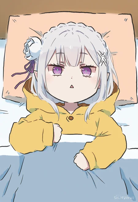 masterpiece,best quality,high resolution,source_anime,highly detailed illustration,
seductive, detailed eyes, very aesthetic,absurdres,newest, amazing quality,
detailed eyes, absurdres,newest, amazing quality,
<lora:shiXinzoroV1ill:1.0>, shixinzoruo, chibi,
1girl, solo,
<lora:shiEmiliaV12ill:0.9>, shimilia, long hair, grey hair, purple eyes, pointy ears, crown braid, hair flower, hair ribbon, purple ribbon, x hair ornament,
looking at viewer, tired, on back, under covers, pillow, blanket, half-closed eyes,
indoords, bed, pikachu \(cosplay\), onesie,
triangle mouth,