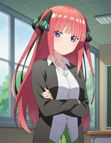 score_9, score_8_up, score_7_up, source_anime,
ninonakano, <lora:nino-nakano-s2-ponyxl-lora-nochekaiser:1>,
nino nakano, long hair, bangs, blue eyes, hair ornament, hair ribbon, pink hair, blunt bangs, two side up, butterfly hair ornament, mature female,
skirt, shirt, long sleeves, white shirt, pleated skirt, open clothes, collared shirt, sleeves past wrists, dress shirt, cardigan, green skirt, open cardigan, black cardigan,
indoors, classroom, crossed arms,
looking at viewer, cowboy shot, dutch angle, solo,