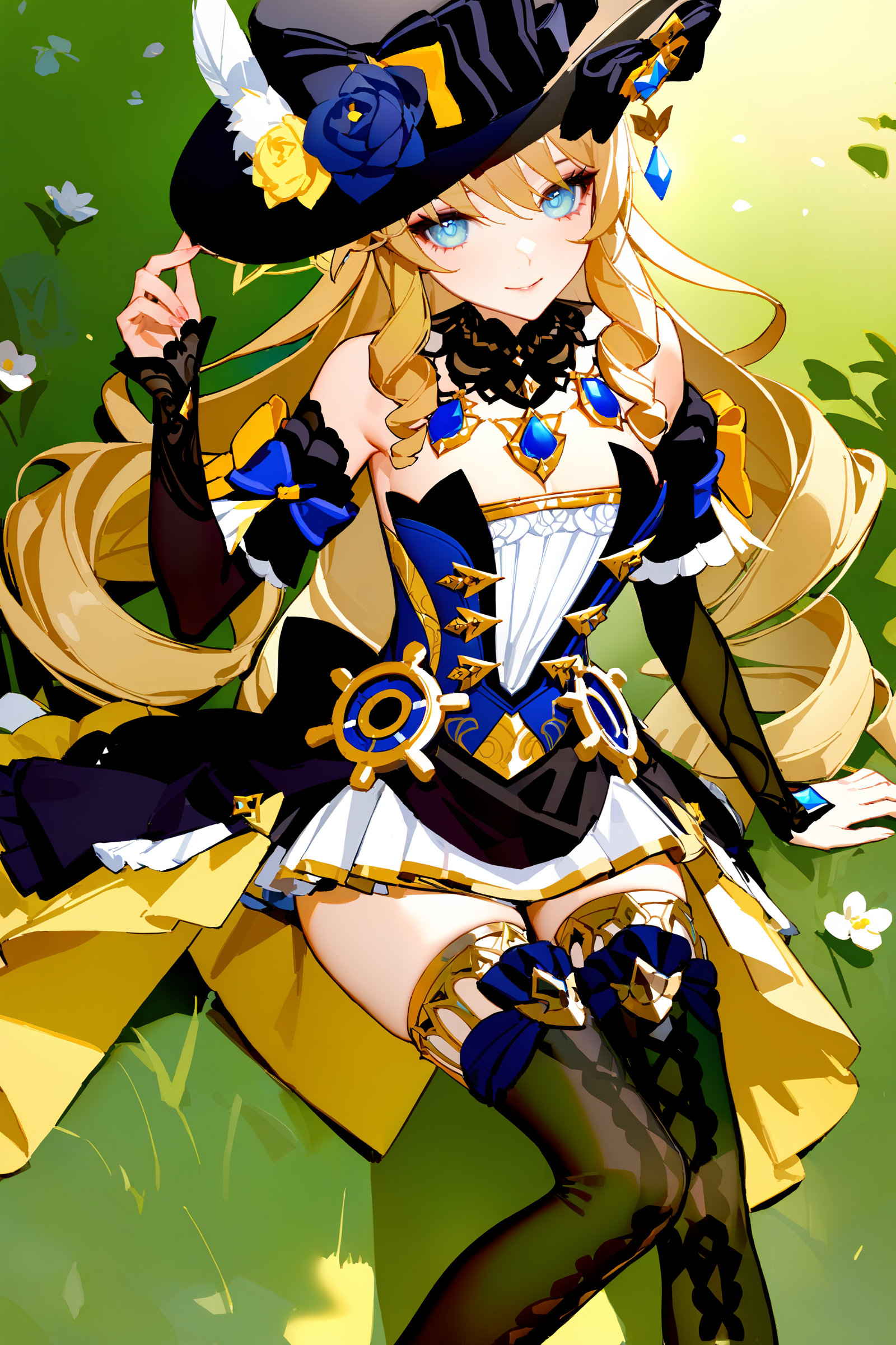 masterpiece, best quality, very aesthetic, ray tracing, newest, (hitenkei, askzy:0.4), 1girl, navia \(genshin impact\), solo, fancy hat, thigh boots, detached sleeves, single glove, strapless dress, detached collar, showgirl skirt, necklace, waist cape, smile, reclining, yokozuwari, from above, on grass, blossom, flower  <lora:quality1:0:hr=1>,  <lora:Char-Genshin-Navia-XL-V1:0.8>