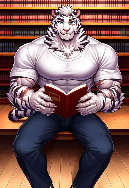 scar, scar across eye, white tiger, shirt, pants, reading book, (muscular:1.2), smile, at library, blue eyes, (solo:1.4), sitting, (2 heads:1.2)