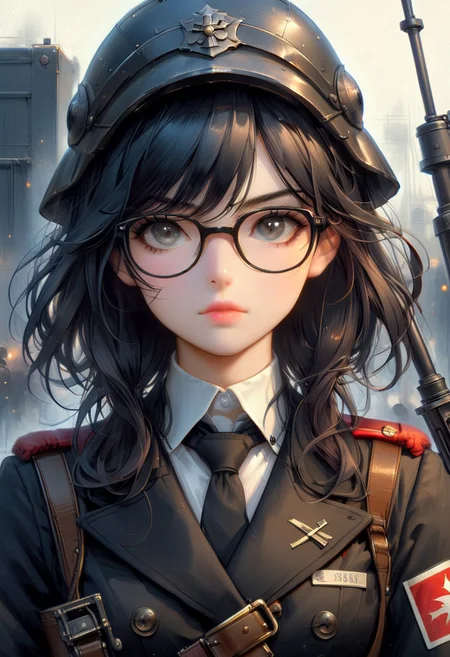 FFROA, 1girl, a soldier, victorian rifle, perfect face, black gloves, iron helmet, ss uniforms, black messy hair, spy, glasses,