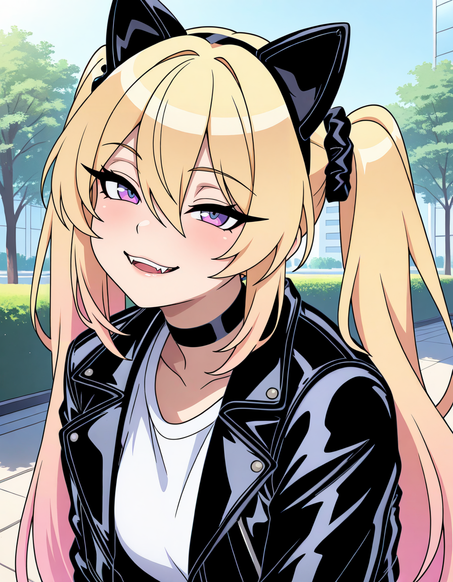 masterpiece, best quality, very aesthetic, absurdres,
outdoors, 
upper body, posing, face focus, fake animal ears, 
t-shirt, leather jacket, 
seductive smile, parted lips, long eyelashes, fangs, 
<lora:Tapioca_v01_ILXL:1>
Tapioca,1girl,solo,long hair,blonde hair,black scrunchie,hair ornament,hair between eyes,twintails,very long hair,bangs,purple eyes,black choker,
