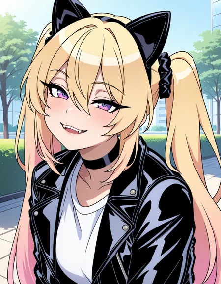 masterpiece, best quality, very aesthetic, absurdres,
outdoors,
upper body, posing, face focus, fake animal ears,
t-shirt, leather jacket,
seductive smile, parted lips, long eyelashes, fangs,
<lora:Tapioca_v01_ILXL:1>
Tapioca,1girl,solo,long hair,blonde hair,black scrunchie,hair ornament,hair between eyes,twintails,very long hair,bangs,purple eyes,black choker,