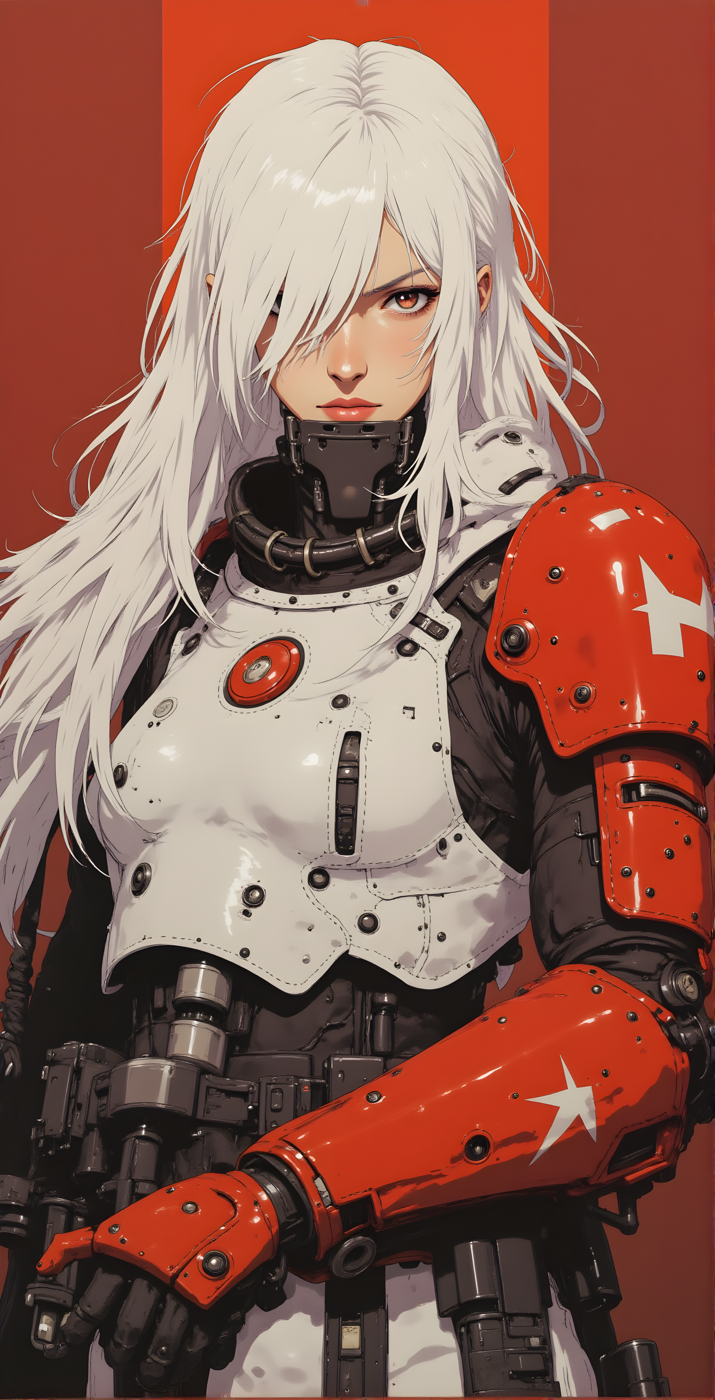 an anime-style character with long white hair is wearing a futuristic and heavily detailed suit the suit is primarily white with red accents and has various mechanical components and patches suggesting it might be used for combat or some kind of intense activity she has a serious expression on her face and is holding what appears to be a weapon or tool in her hand the background is a solid red color which contrasts with the white and red tones of her outfit creating a visually striking image the overall style is intricate and dynamic with a focus on the character's powerful and determined appearance
j_art, anime, anime art, <lora:FLUX\jul\J_Anime:1.0>, <lora:FLUX\Anime Art V3:0.1>, <lora:FLUX\RM_Artistify_v1.0M:0.1>, <lora:FLUX\RetroAnimeS1.1:0.1>