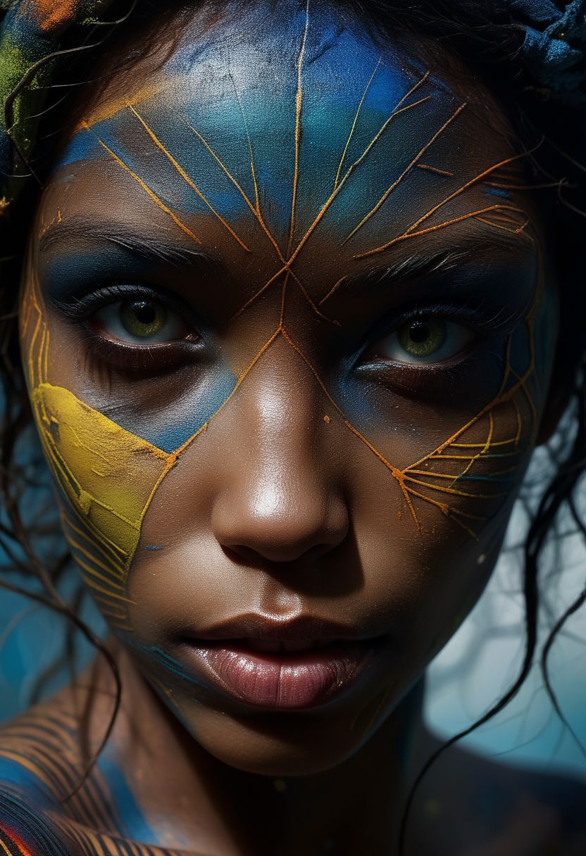 Close-up face, mysterious silhouette of an exotic coloured girl in worn down clothing, light war-paint over eyes only, goddess, alluring, by Minjae Lee, Carne Griffiths, Emily Kell, Steve McCurry, Geoffroy Thoorens, Aaron Horkey, Jordan Grimmer, Greg Rutkowski, amazing depth, double exposure, surreal, geometric patterns, intricately detailed, bokeh,  perfect balanced, deep fine borders, artistic photorealism , smooth,  great masterwork by Suiras  <lora:add-detail-xl:2>  <lora:Double_Exposure:0.5>