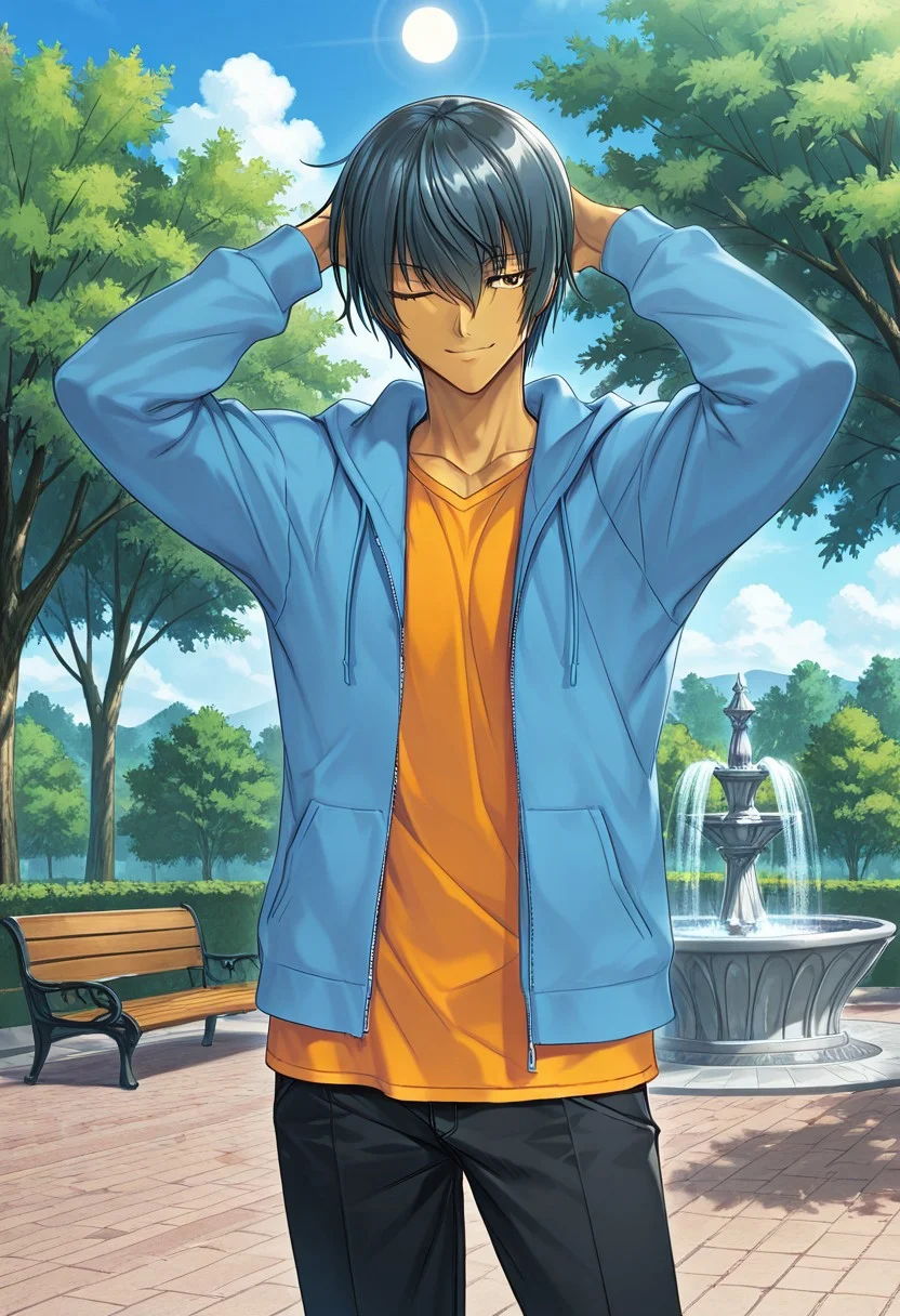 score_9,score_8_up,score_7_up,source_anime,5_figner,2d_animation,game cg,BREAK,1boy,solo,closes right eye,
Fuuma Kotarou,short hair,black hair,dark-skinned male,toned,
orange shirt,hoodie,black pants,
cowboy shot,bored,smile,
front view,standing,
park,sun,cloud,fountain,tree,outdoor,park,bench,masterpiece,best qualit,ultra-detailed,illustration,an extremely delicate and beautiful,beautiful detailed eyes,unity 8k wallpaper,high resolution,anime CG,official_art,