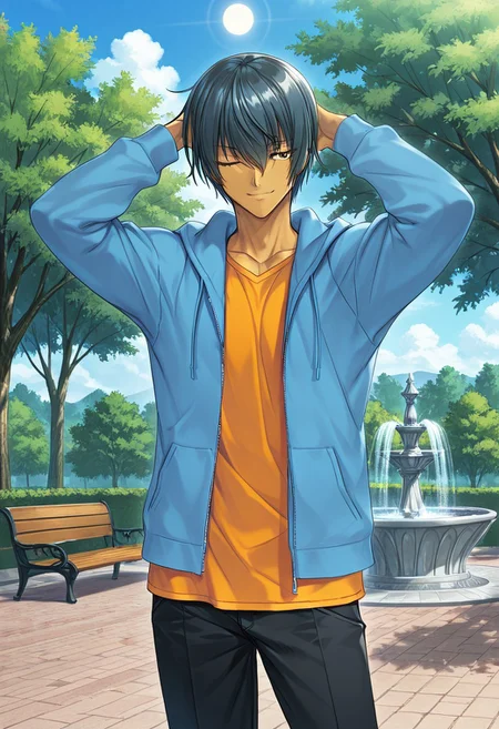 score_9,score_8_up,score_7_up,source_anime,5_figner,2d_animation,game cg,BREAK,1boy,solo,closes right eye,
Fuuma Kotarou,short hair,black hair,dark-skinned male,toned,
orange shirt,hoodie,black pants,
cowboy shot,bored,smile,
front view,standing,
park,sun,cloud,fountain,tree,outdoor,park,bench,masterpiece,best qualit,ultra-detailed,illustration,an extremely delicate and beautiful,beautiful detailed eyes,unity 8k wallpaper,high resolution,anime CG,official_art,