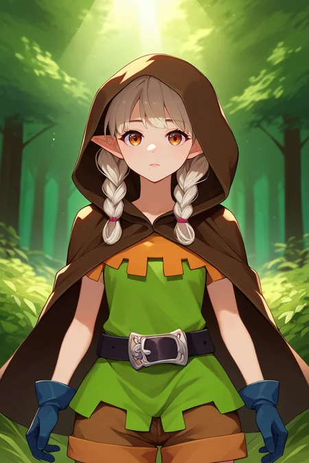score_9, score_8_up, score_7_up, score_6_up, source_anime, BREAK 1girl, solo <lora:dcelf-pdxl-nvwls-v1-000005:1> dcElf, twin braids, hood, brown cloak, green tunic, gloves, belt, brown shorts, forest, looking at you, upper body, dappled sunlight, arms at sides