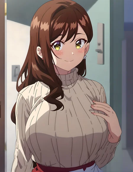 <lora:pony_xl_minami:0.9>,minami,score_9,score_8_up,score_7_up,source_anime,1girl,solo,long hair,white shirt,ribbed sweater,striped,red skirt,long skirt,earrings,smile,:d,blush,indoors,hand on own chest,upper_body,front view,looking_at_viewer,