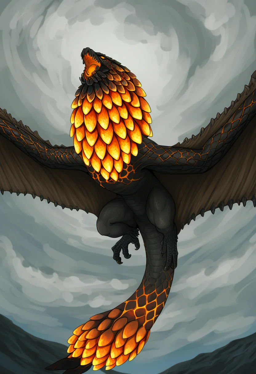 <lora:MH_Bazelgeuse_a1_4_NoobXL-eps_spnlora1_th-0.7>,SHSLG,748cmstyle,masterpiece,best quality,amazing quality,high quality,very aesthetic,absurdres,newest,shaded,digital media \(artwork\),depth of field,mhbaz,solo,feral,detailed background,sky,<lora:745cmSDXLvpred75S:0.5>,<lora:GLSHS:0.5>,winged arms,orange eyes,no sclera,flying,glowing scales,glowing bomblets,glowing tail,open mouth,